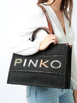 Shoulder Bag Logo Shopper Cotton Pinko Black logo shopper A17T-vue-porte