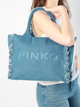 Shoulder Bag Logo Shopper Cotton Pinko Blue logo shopper A1WT-vue-porte