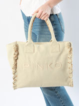 Shoulder Bag Logo Shopper Cotton Pinko Beige logo shopper A1X1-vue-porte