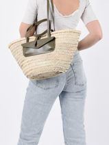 Straw Tote Bag With Leather Pouch Craie Green panier PANIER-vue-porte